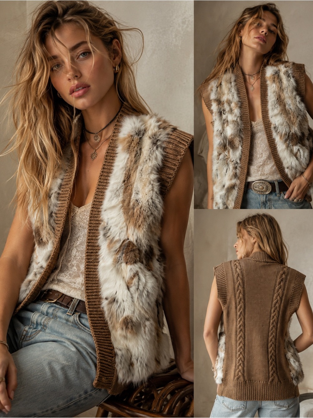 Dolce Cabo Genuine Rabbit Fur Knit Vest Sweater Cardigan Brown Beige Boho